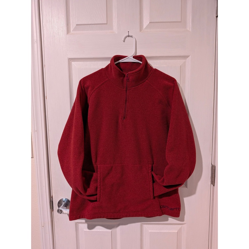Carhartt Girls Red Quarter Zip Fleece Pullover Sweater Large 12/14 Logo Pocket